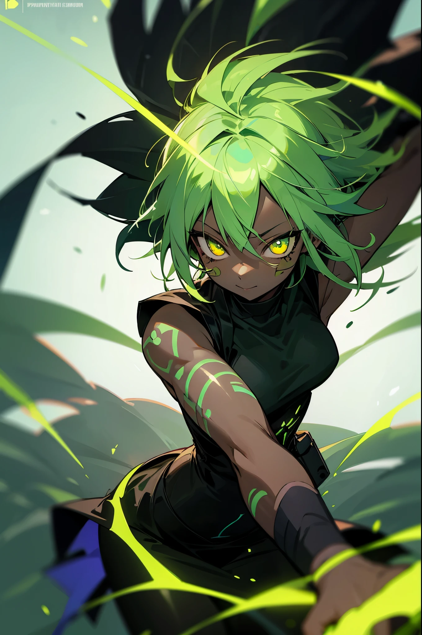 black skin, anime woman, happy, glowing green eyes, glowing green tattoos, extremely short glowing green hair, wearing a black dress
