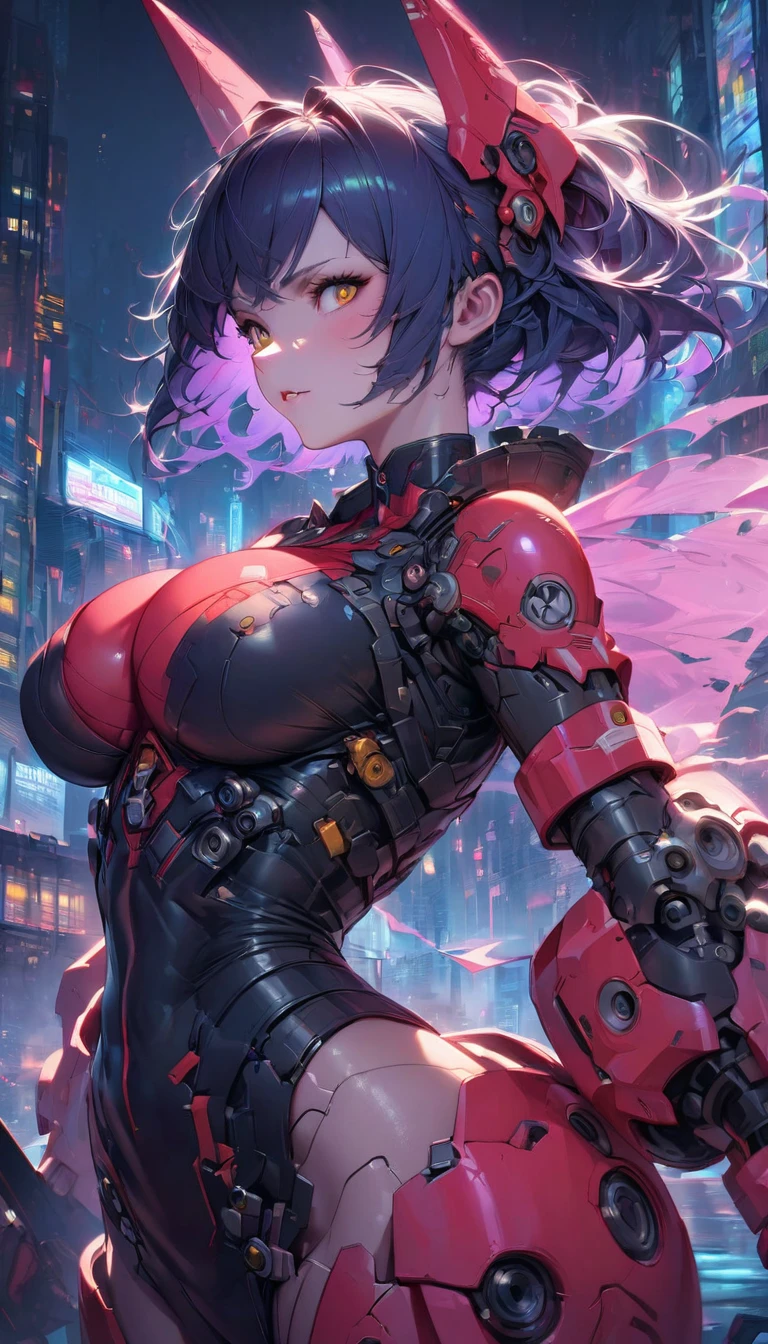 best quality,4k,8k, highres, masterpiece:1.2), extremely detailed eyes, extremely detailed body, (large masterpiece digital art), (detailed manga illustration), (detailed line art), ((perfect anatomy)), (intricate details:1.3), (ultra-detailed:1.3), (illustration:1.3), (sharp focus:1.3), (natural lighting:1.05), (vivid colors:1.3), (masterpiece), (best quality:1.4), (perfect anatomy:1.4), high quality, expressive eyes, full body, tall girl, detailed face, beautiful face, perfect face, breasts, cleavage, gloves, huge breasts, cyberpunk, (black armor), short hair, ((pale skin)), messy hair, detailed (dark blue hair), honeydew hair, multicolored hair, detailed eyes, (amber eyes), hourglass physique, mecha musume, fortified suit, mechanical parts, headgear, robot joints, bodysuit, deva battle suit, gloves, thick thighs, toned, emblem, superhero, dynamic lighting, 4k resolution, dynamic pose, weapon, energy weapon portrait, Jeff Bridges, ((cartoon style)), Marvel Cinematic Universe style, (((sci-fi city in the background))), soft bokeh of futuristic city, Atey Ghailan, Jeremy Mann, Greg Manchess, Antonio Moro, trend in ArtStation, trend in CGSociety, Intricate, High Detail, Sharp focus, dramatic and photorealistic painting art by Midjourney and Greg Rutkowski, bokeh in the background