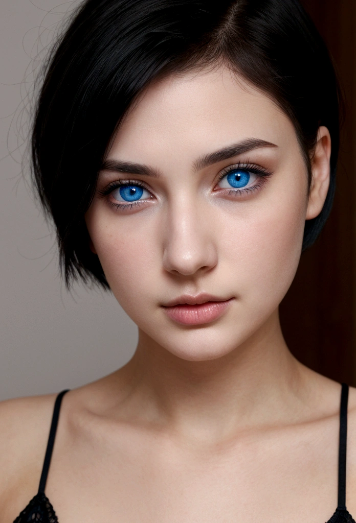 girl with short black hair, blue eyes, white skin and beautiful nose