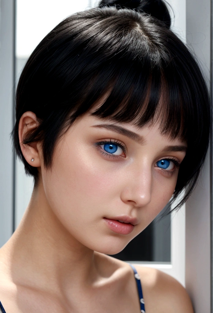 girl with short black hair, blue eyes, white skin and beautiful nose