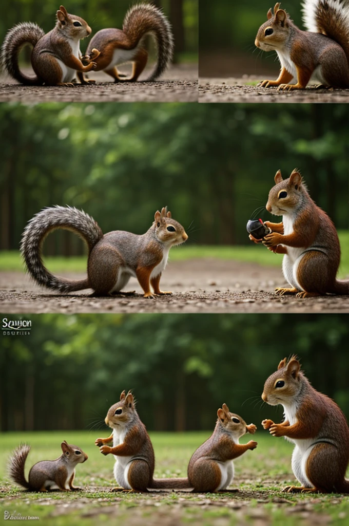 Create a squirrel in 5 different scenes for a story