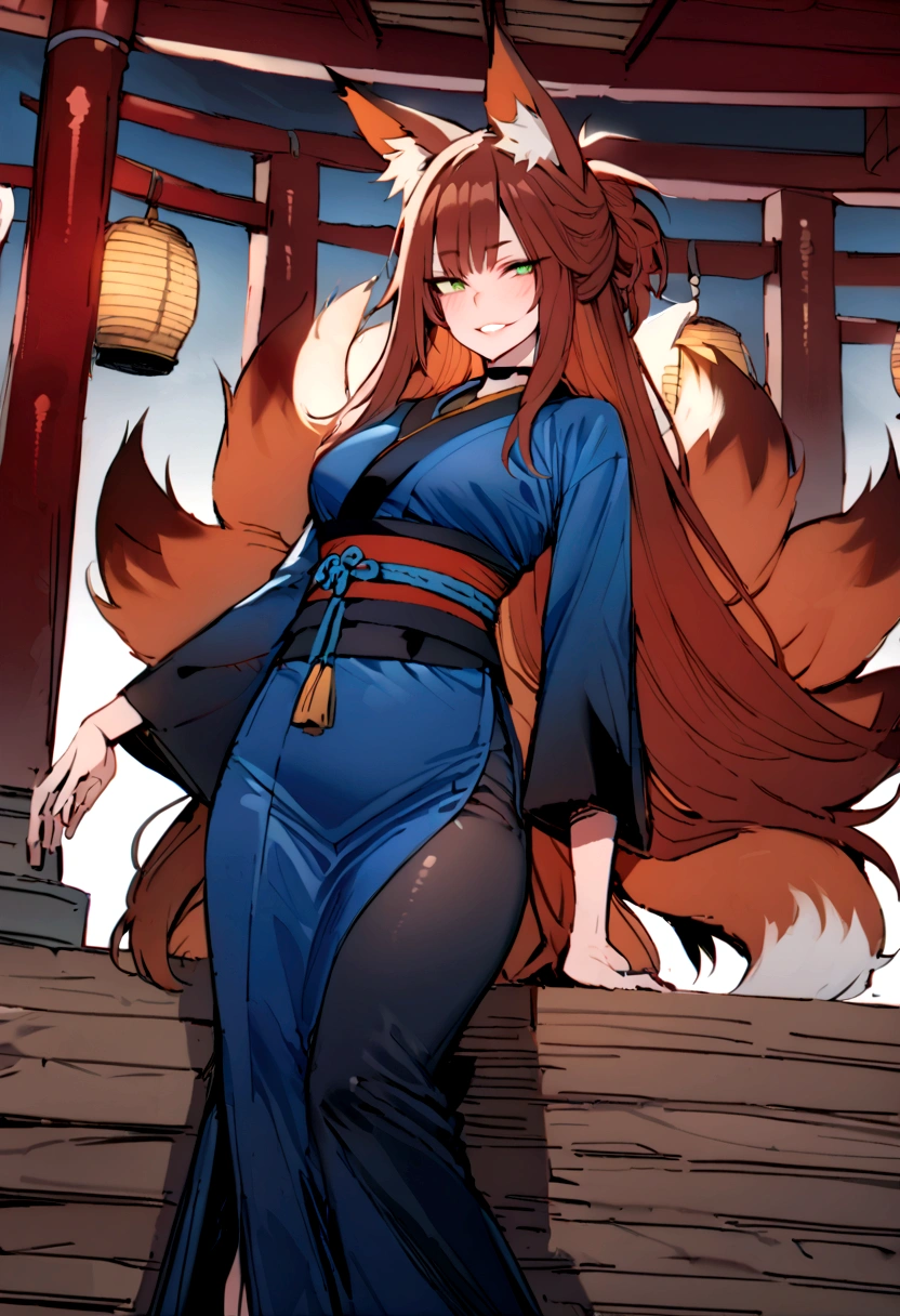 masterpiece, best quality, kitsune 1girl, solo, beautiful kitsune woman, fox ears, bangs, auburn hair, very long hair, green eyes, grin, medium breasts, black choker, blue kimono, long kimono, long kimono sleeves, blue sash, 5 auburn fox tails, auburn hair,  looking at viewer, shrine background
