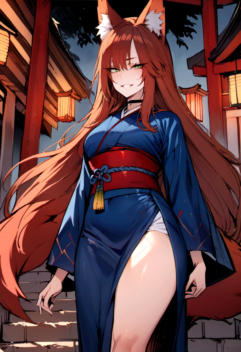 masterpiece, best quality, kitsune 1girl, solo, beautiful kitsune woman, fox ears, bangs, auburn hair, very long hair, green eyes, grin, medium breasts, black choker, blue kimono, long kimono, long kimono sleeves, blue sash, 5 auburn fox tails, auburn hair, looking at viewer, shrine background