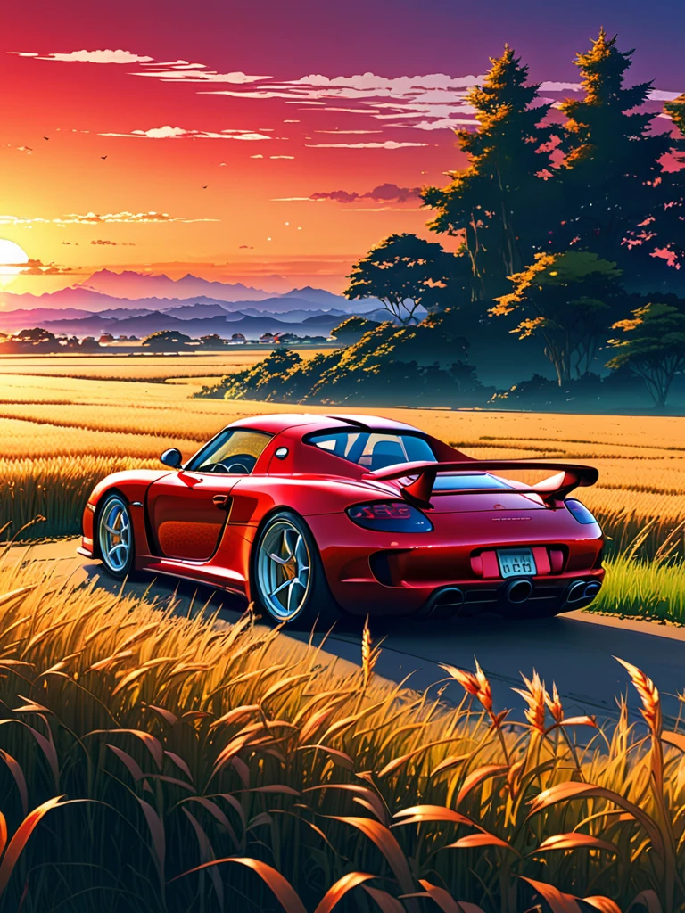 anime landscape of A pearl super sunny red classic 2003 Porsche Carrera GT sport sits in a field of tall grass with a sunset in the background.beautiful anime scene, beautiful anime peace scene, Makoto Shinkai Cyril Rolando, beautiful anime scene, amazing wallpaper, anime art wallpaper 8k, anime background, artistic anime background, anime wallpaper 4k, anime art 4k wallpaper, anime wallpaper art 4k,