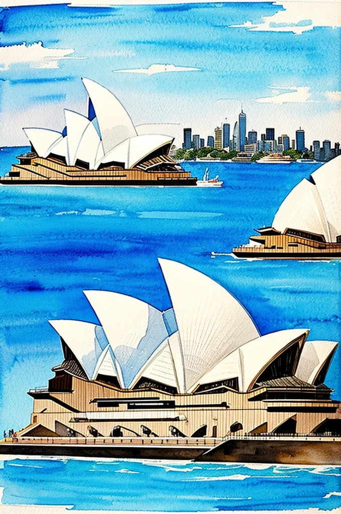 create me a watercolor drawing of the sydney opera house in the foreground and in the background this king kong