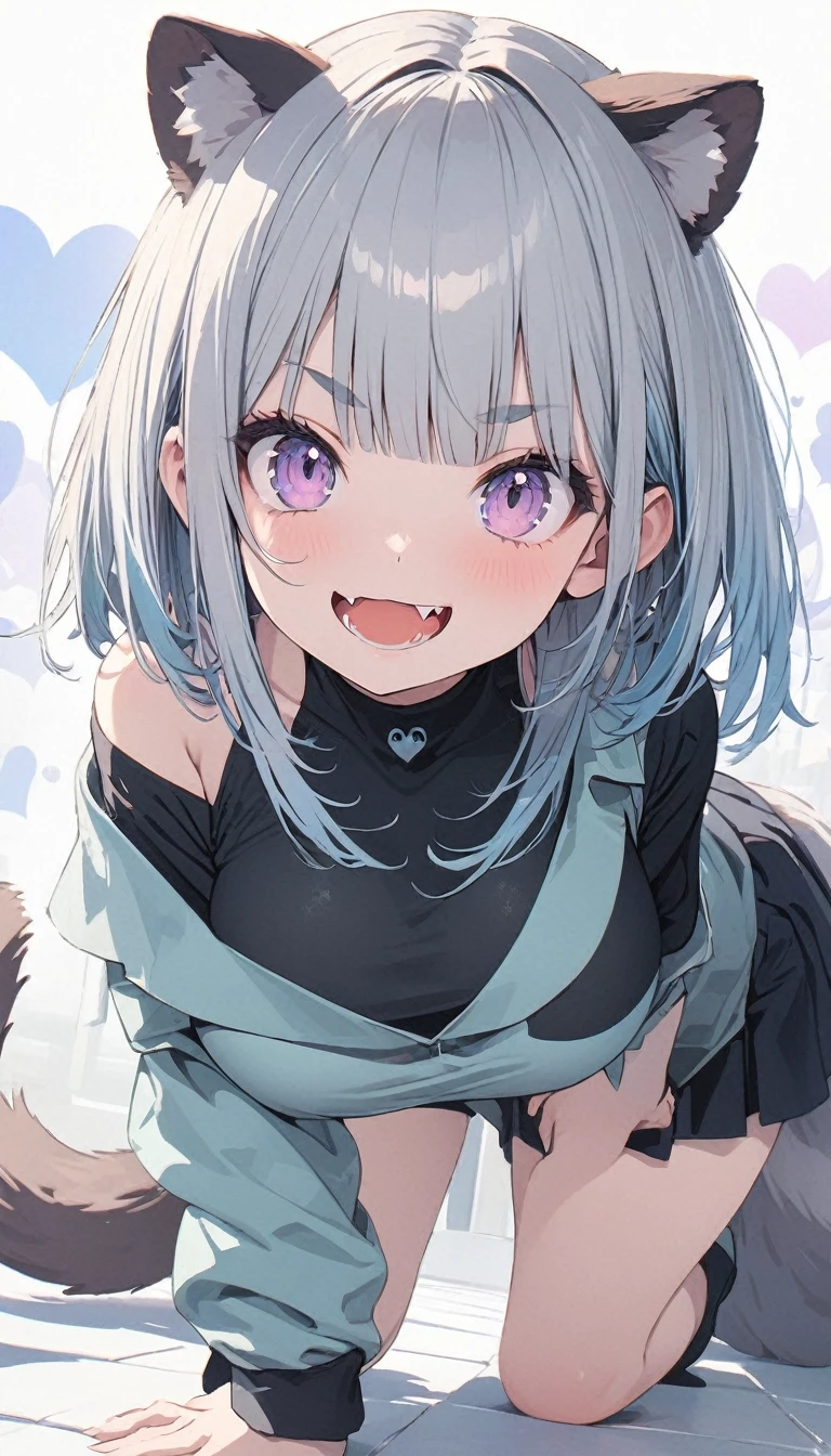 (best quarity,ultra detailed,ultra-high-resolution, absolutely resolution,8k, masterpiece),anime,(pale colors:1.8),long shot, 1girl, (on right:1.3), solo, cat mouth, dynamic angle, claw pose, grin, smile, opened mouth, all fours, fang, blue hair, bobcut, straight hair, racoon ears, racoon tail, (brown streaked hair:1.3), (blunt bangs) ,thick eyebrows, big breast, off shoulder clothes, cutout, striped and heart background, shadow,