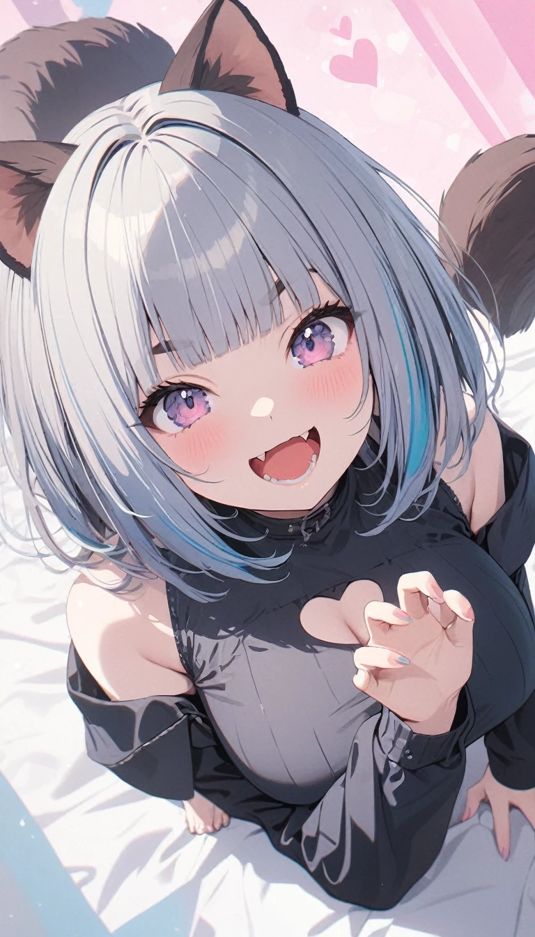 (best quarity,ultra detailed,ultra-high-resolution, absolutely resolution,8k, masterpiece),anime,(pale colors:1.8),long shot, 1girl, (on right:1.3), solo, cat mouth, dynamic angle, claw pose, grin, smile, opened mouth, all fours, fang, blue hair, bobcut, straight hair, racoon ears, racoon tail, (brown streaked hair:1.3), (blunt bangs) ,thick eyebrows, big breast, off shoulder clothes, cutout, striped and heart background, shadow,