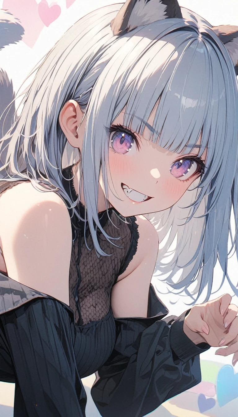 (Highest quality、High resolution、8K、masterpiece:1.2)。Look away、Open your mouth、Pink Eyes、Silver Hair、Heart shaped pupil、teeth、tongue、tongueを出す、（Original Character, (1 Girl)、Perfect Face、((short hair:1.2))、(Hair above one eye:1.3)、[[Disheveled Hair]]、Colorful Hair、Detailed eyes that shine、Light and shadow、Glowing Skin、 (Curvy but slim), ((High angle shot))、Sexy look、Use something sexy、（background：Mountain、岩Mountain、forest、nature）Full body、bracelet、necklace、Wild child、Wild childスタイル、Disheveled clothes、sunglasses、Follow the Silver Wolf、Tarzan、natureで育った、