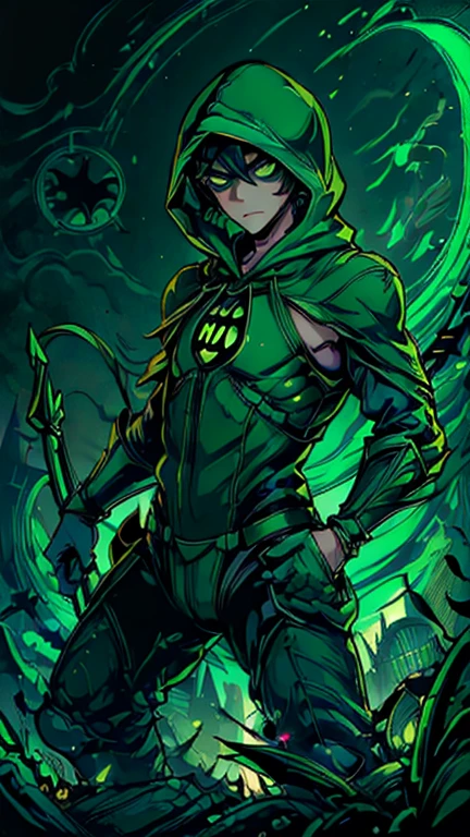 best quality,masterpiece,1boy,solo,(((13years old))),japanese boy,an extremely cute and handsome boy,highly detailed beautiful face and eyes,petit,cute face,lovely face,baby face,shy smile,show teeth,bonde hair,short hair,flat chest,skinny,slender(((wearing a Green Arrow costume,green dominomask,green hood))),(((Heroic pose in Dark Midnight Fantasy style Gotham castle))),he is looking at the viewer,