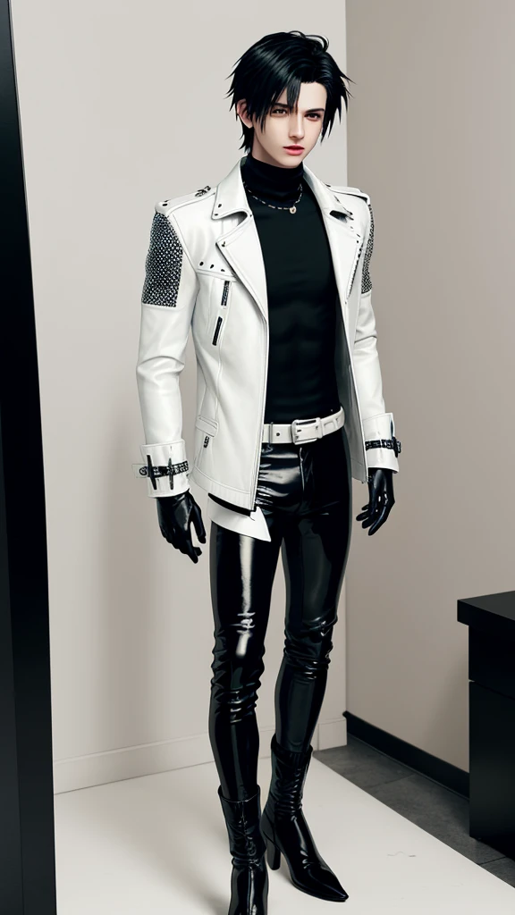 Final fantasy taste and reality graphics, Japanese young cute and cool ikemen boy, his age is early 20s, thin eyebrows and beady eyes, he wearing off white color leather thick singlebrest biker jacket, with epaulet, must close the front of the leather jacket, jacket is biker style, jacket is voluminous, , jacket collar is high length stand-up collar with belts, jacket is a little black line pattern,close the front of the jacket, also wearing black thick turtleneck lackluster shirts, tight black leather pants, shiny black leather tight and thin glove, black leather knee-high raceup boots,must views head-to-toe,must views whole body, boy looks like fashion model,Do not show skin from the neck down,leather jacket leather glove and leather pants have few wrinkles,boy in the room,