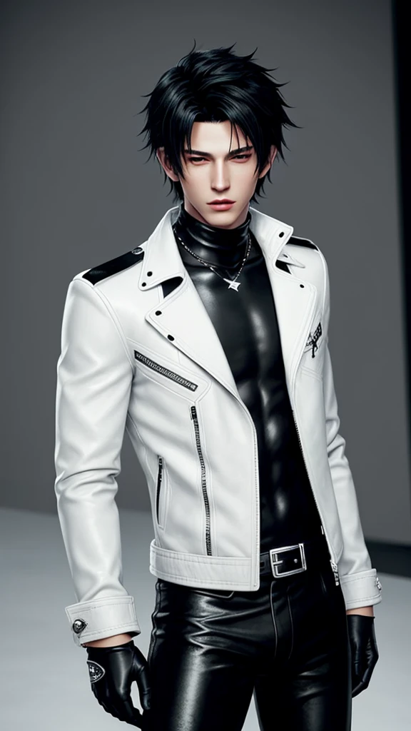 Final fantasy taste and reality graphics, Japanese young cute and cool ikemen boy, his age is early 20s, thin eyebrows and beady eyes, he wearing off white color leather thick singlebrest biker jacket, with epaulet, must close the front of the leather jacket, jacket is biker style, jacket is voluminous, , jacket collar is high length stand-up collar with belts, jacket is a little black line pattern,close the front of the jacket, also wearing black thick turtleneck lackluster shirts, tight black leather pants, shiny black leather tight and thin glove, black leather knee-high raceup boots,must views head-to-toe,must views whole body, boy looks like fashion model,Do not show skin from the neck down,leather jacket leather glove and leather pants have few wrinkles,boy in the room,