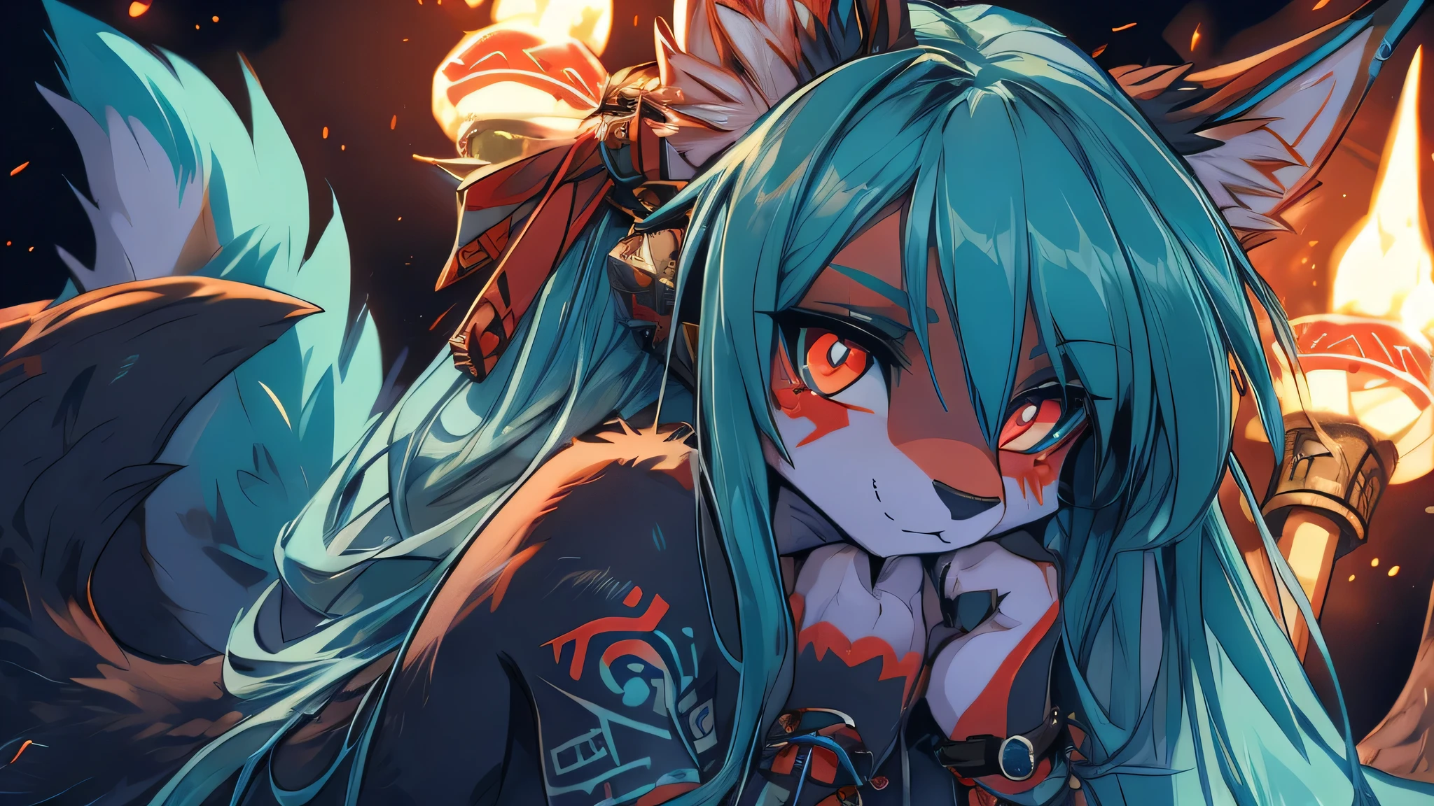 Miku Hatsune, add high definition_detail:1, blue fur,kitsune ears, tribal tattoo add_detail:1, in hell add_detail 