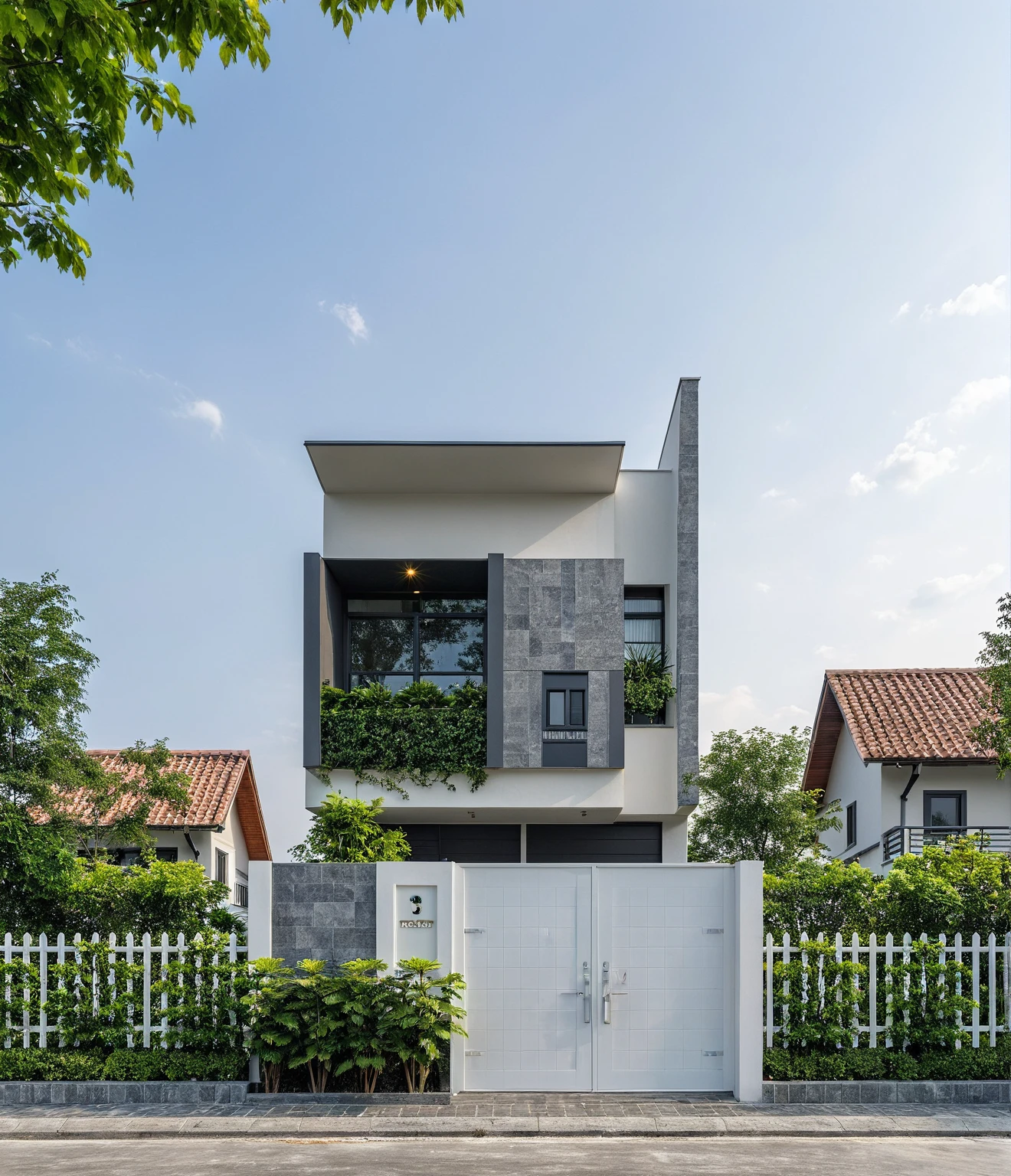 Raw photo, great product, high quality, best quality, authentic, super detailed, outdoor, 2-storey house, modern townhouse style, (white wall), Gray stone fence, painted curved wall white, Curved wall facade, aluminum glass door interior, white painted curved planter, gray tiled wall, gray iron box outer gate, road, sidewalk, grass, trees, sky, clouds, (daylight):1.1)