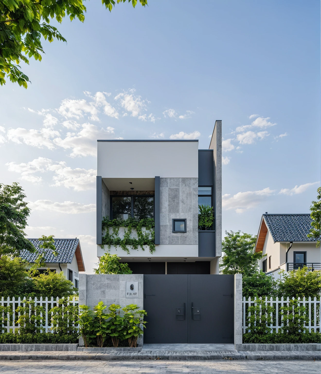 Raw photo, great product, high quality, best quality, authentic, super detailed, outdoor, 2-storey house, modern townhouse style, (white wall), Gray stone fence, painted curved wall white, Curved wall facade, aluminum glass door interior, white painted curved planter, gray tiled wall, gray iron box outer gate, road, sidewalk, grass, trees, sky, clouds, (daylight):1.1)