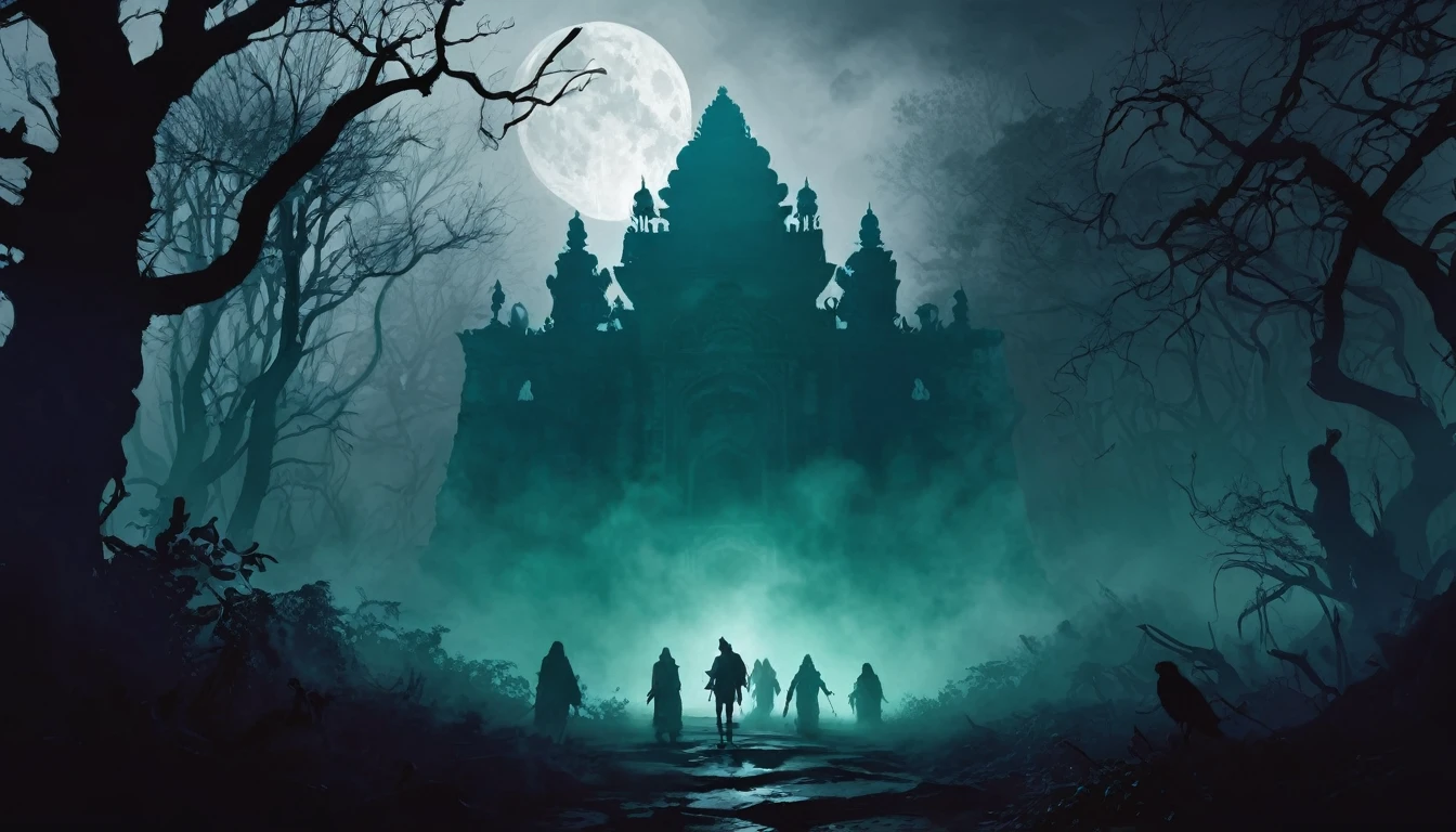 Create a digital artwork for a thumbnail titled '11 Scary Stories of Indian Urban Legends'. The scene should depict a dense, foggy forest with ancient ruins partially visible in the background. Include shadowy figures or ghostly apparitions lurking in the mist. Use a dark and moody color palette, with the title text prominently displayed in a contrasting color