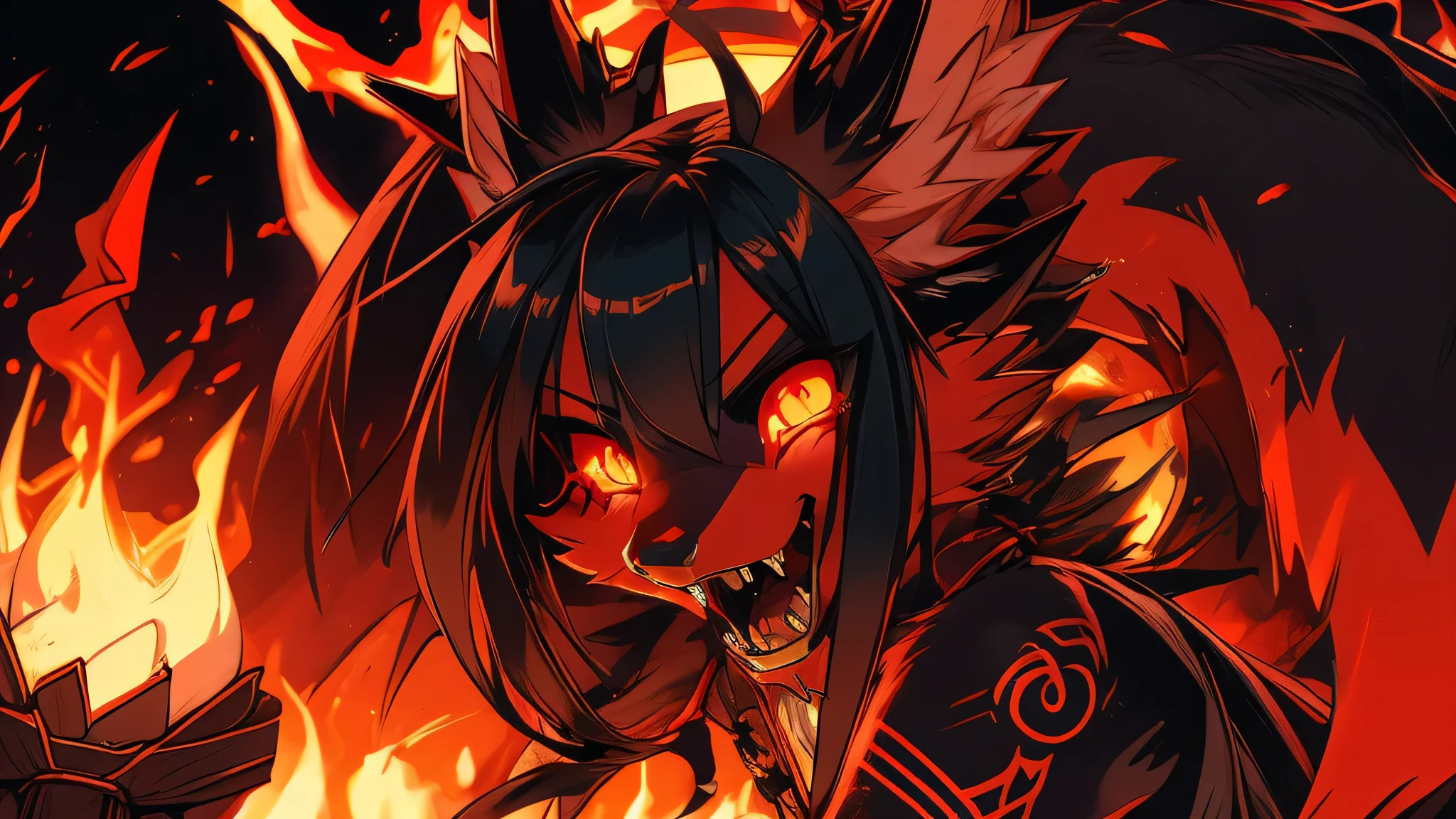 Miku Hatsune, add high definition_detail:1, blue fur,kitsune ears, tribal tattoo add_detail:1, in hell add_detail, diabolic girl, batwigns add_detail Ferocious fangs, sharp fangs, Demon yokai kitsune