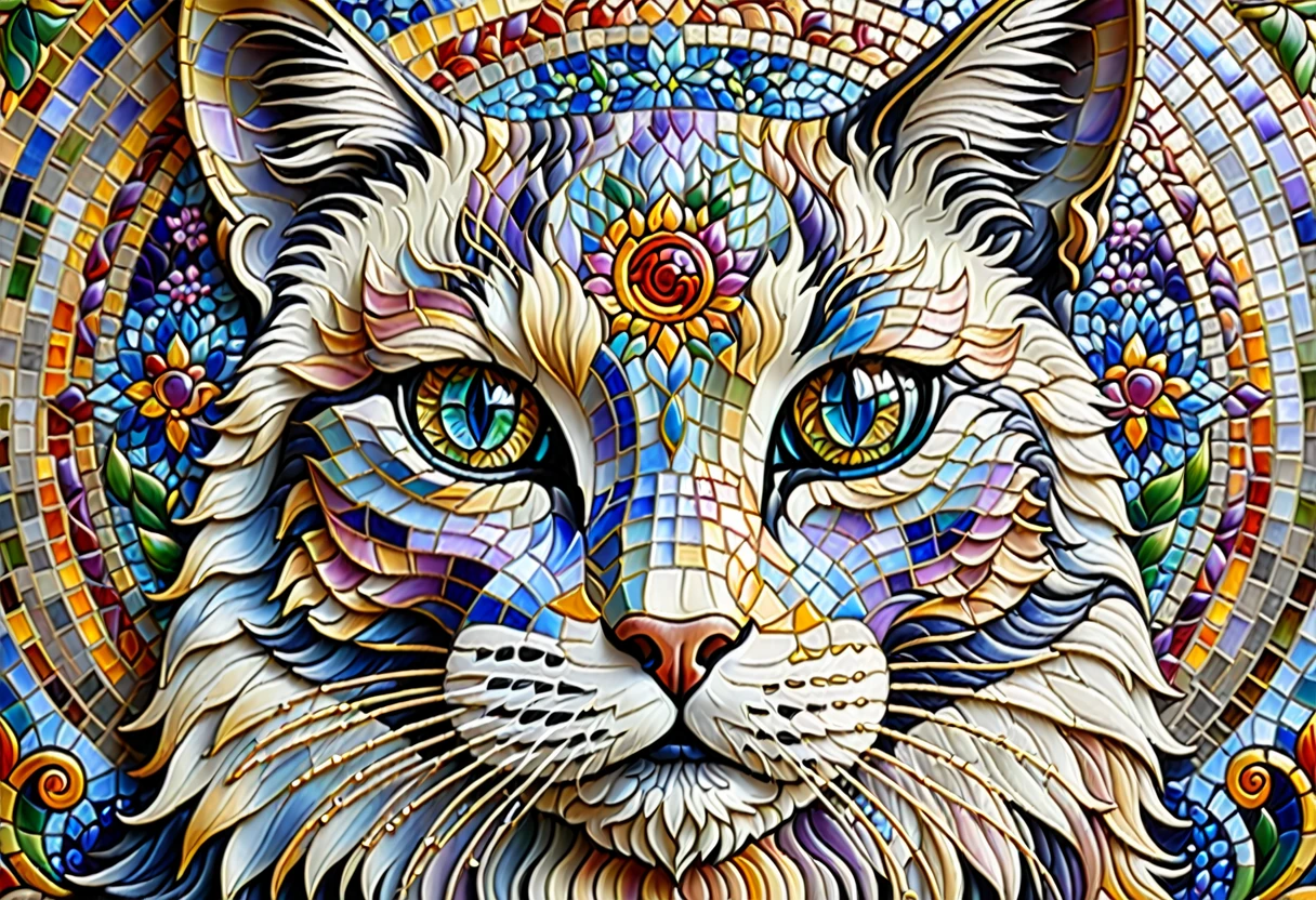 Mosaic tile, mural, たくさんの猫に囲まれたgod of catsのクローズアップ, god of cats, alex grey cat, Great art, Cat masterpiece, Mosaic tileで作成された芸術作品, Cat Details, Visionary art, Cat Cat Dream Cat, Great art, Great art, highly detailed Visionary art, By Eva Švankmajerová, Written by Lee Mi Soo,Modern Art