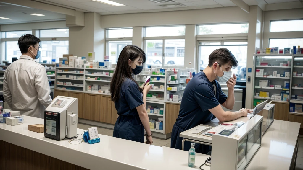 24-hour pharmacy, open early in the morning, empty, with just one man at the service counter and a woman who arrives at the pharmacy