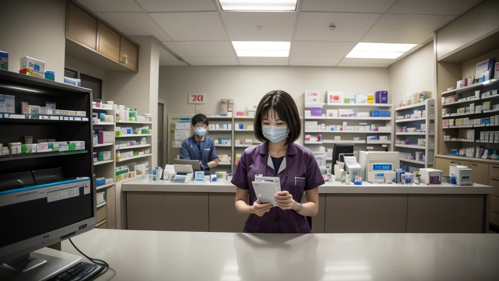 24-hour pharmacy, open early in the morning, empty, with just one man at the service counter and a woman who arrives at the pharmacy