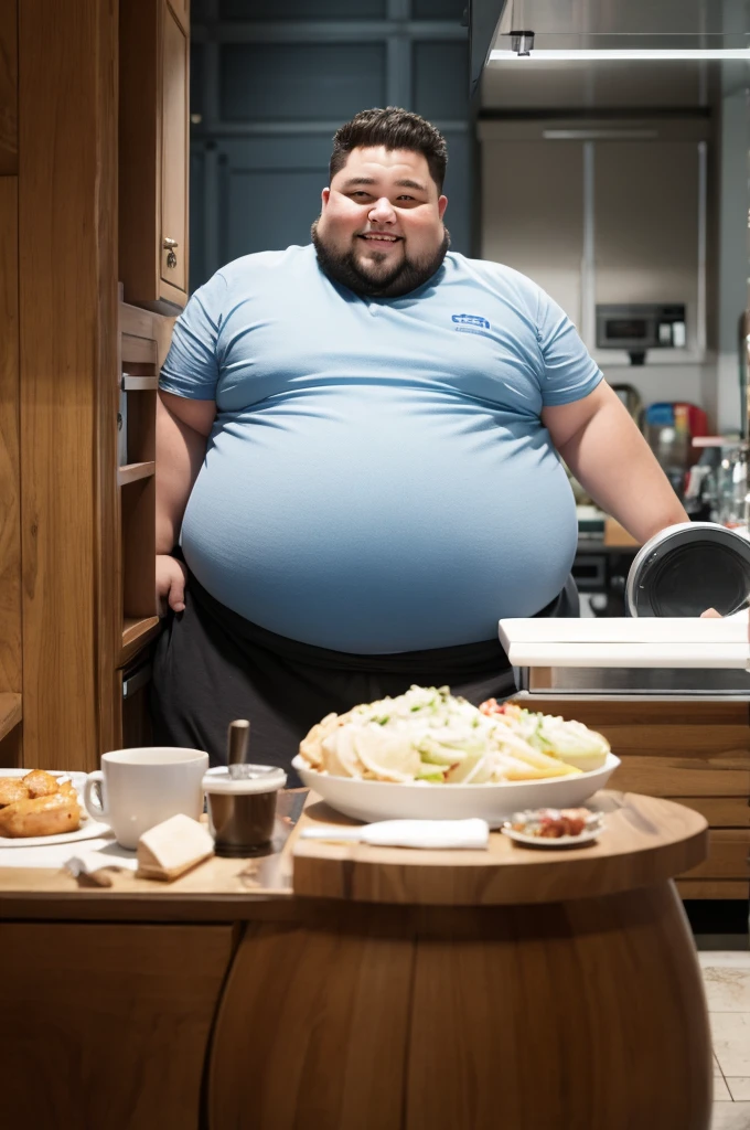 Only plump, chubby, extremely thick thighs, large belly, wearing only red swim trunks, Elderly old man 65 years old working inside cafeteria preparing burgers, serving burger to customer.