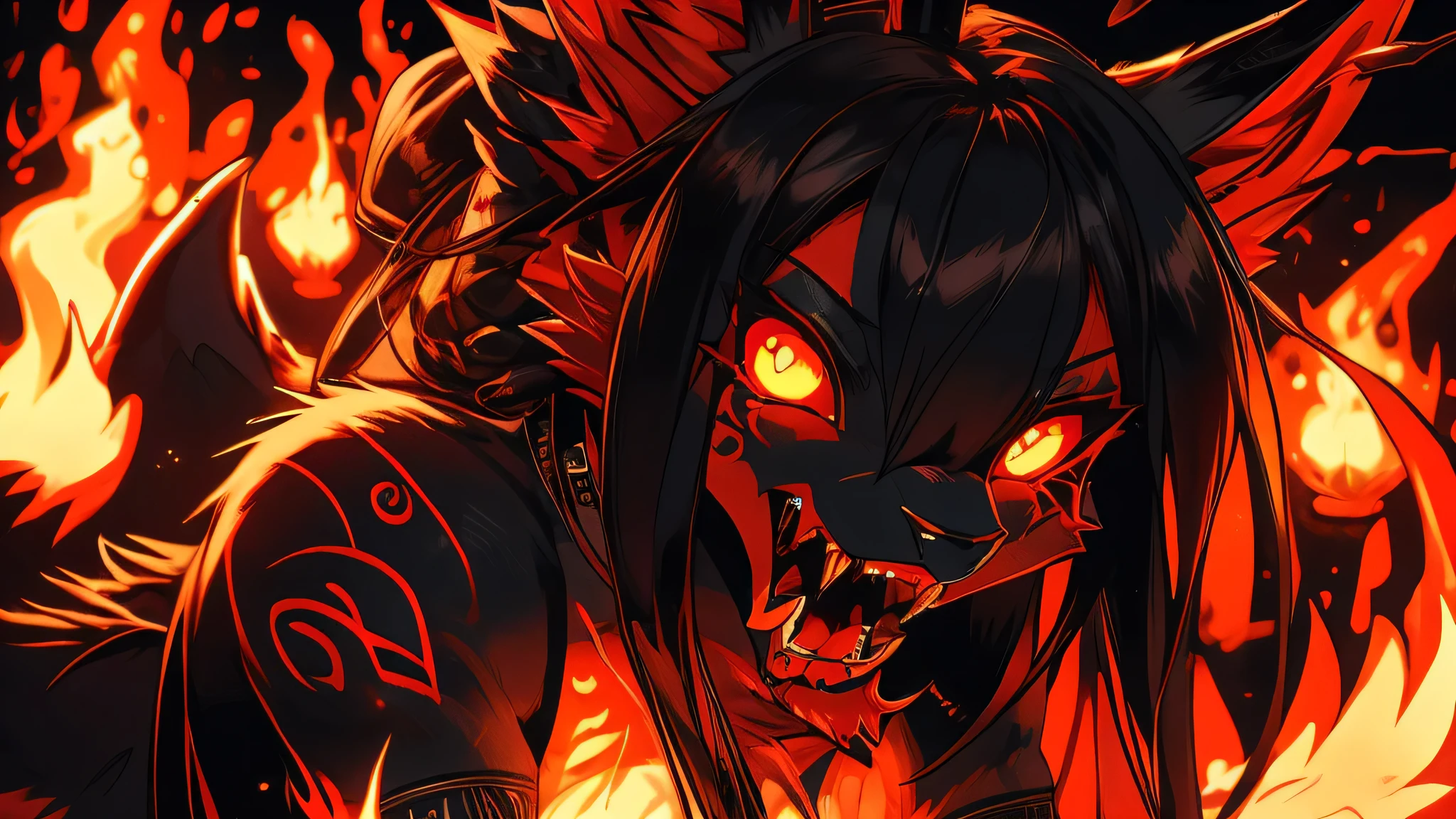 Miku Hatsune, add high definition_detail:1, blue fur,kitsune ears, tribal tattoo add_detail:1, in hell add_detail, diabolic girl, batwigns add_detail Ferocious fangs, sharp fangs, Demon yokai kitsune