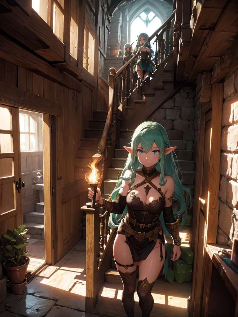 Inside the dungeon, ((one female elf, two warriors)), coming down the stairs, the light of a torch, being wary of the surroundings.