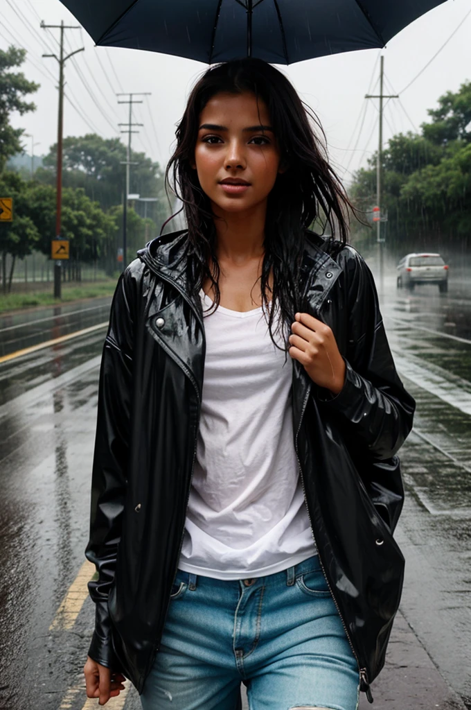 Girl getting drenched in rain on the road