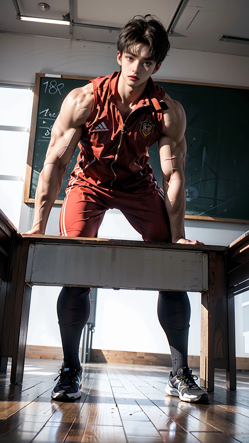 masterpiece,best quality,（Frontal upward perspective），Front view，(A well-built 18-year-old tall boy:1.2), (Kneeling in the classroom:1.2),Orange tight cycling suit,male，(Broad shoulders),Muscular shoulders，（Extremely strong body），Fitness，Muscles are about to burst through clothes，Inverted triangle figure，Biceps，Highlight muscle texture， Muscular body，Small head，（Handsome and cute face），V-Shaped Face，Perfectly detailed facial features,sports shoes，Looking at the camera，An angry and serious expression，leaning back,head tilt, happy, very short hair, brown hair,(looking at viewer:1.2)，Wide-angle lens