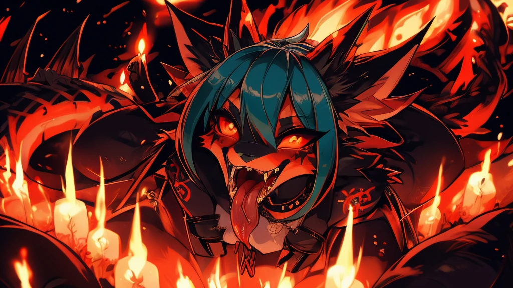 Miku Hatsune, add high definition_detail:1, blue fur,kitsune ears, tribal tattoo add_detail:1, in hell add_detail, diabolic girl, batwigns add_detail Ferocious fangs, sharp fangs, Demon yokai kitsune, long snake tongue add_detail:1