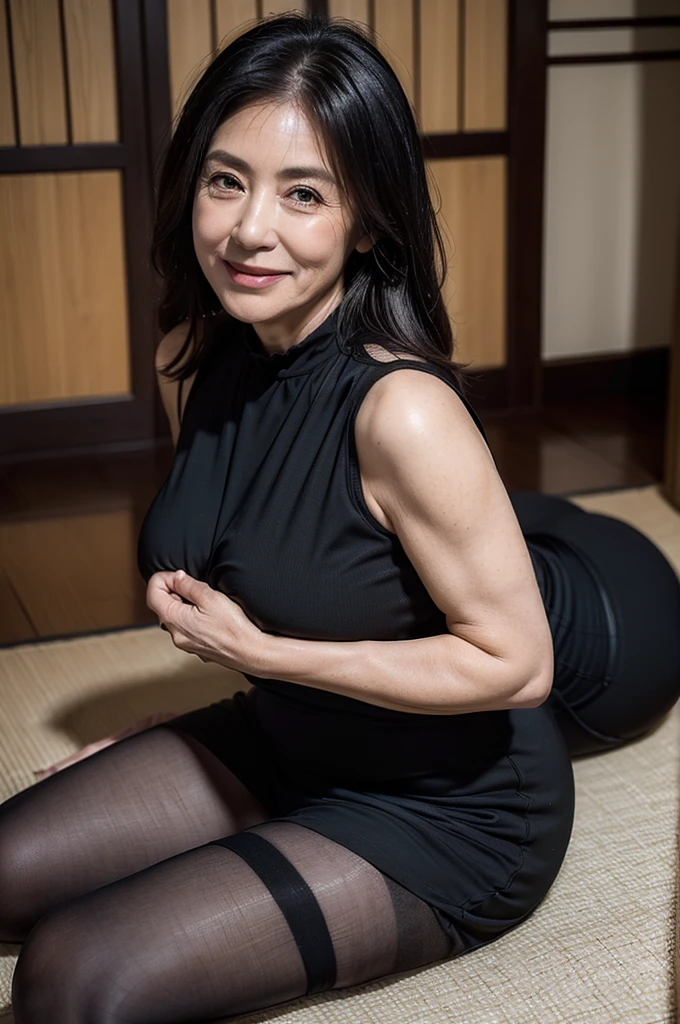 (masterpiece:1.4),(60-year-old woman:1.5),(facial wrinkles 1.2),A kind smile, (mid-length hair : 1.1), (sleeveless black mourning dress), (black nylon tights : 1.2), Motherhood Woman, plump arms, plump thighs, (focus on legs : 1), on tatami, traditional japanese room,