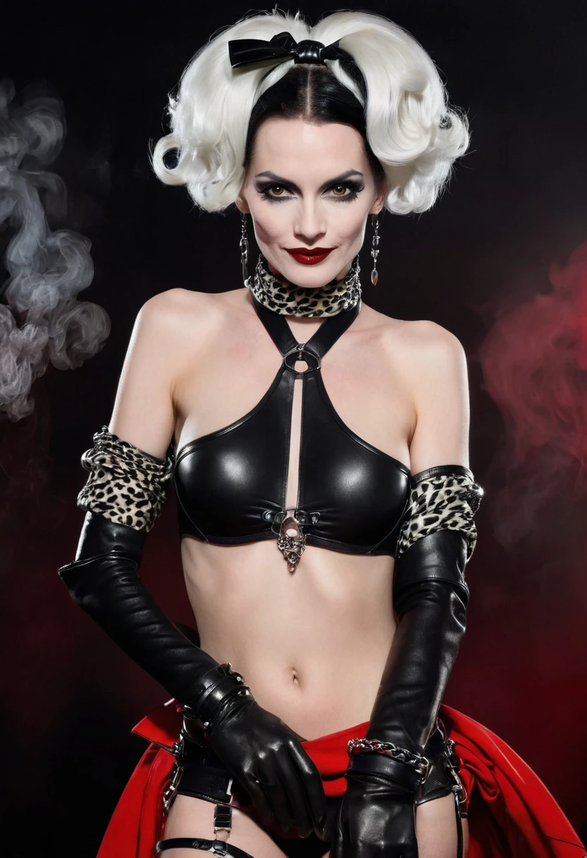 Very thin. Naked sexy Cruella de ville in bdsm style. A very magnificent hairstyle. Shiny steel bracelets on top of black gloves. and Shiny steel bracelet necklaces are on her wrists. She wears a leather harness over her head and face. Leather garters on his feet.. Red, thick smoke in the background.