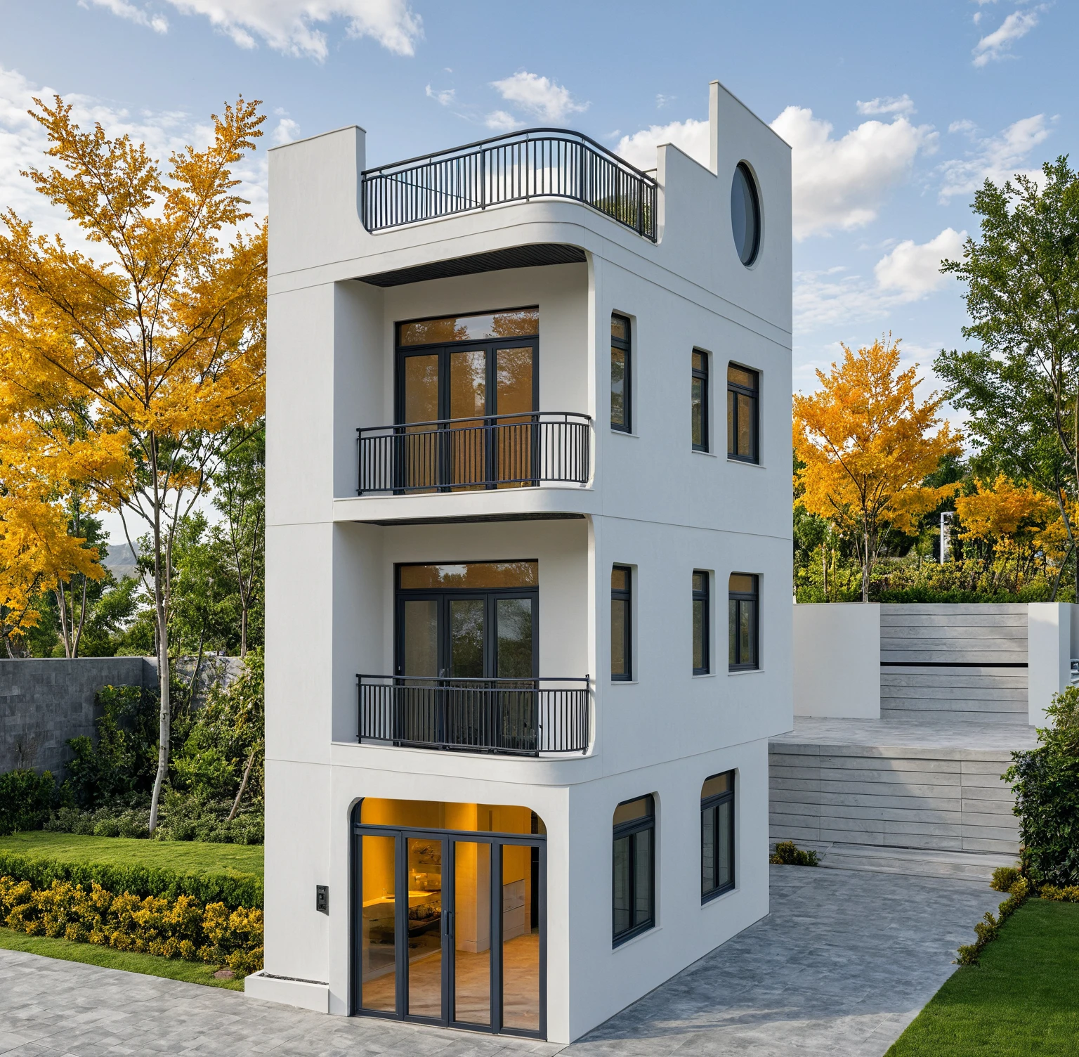 Raw photo, masterpiece, high quality, best quality, realistic, super detailed, outdoor, 2-story house, modern house style on the street, white wall, curved wall facade, aluminum glass door, sink orange-yellow trees, patterned iron railings, gray painted accent walls, gray iron gates, roads, sidewalks, grass, trees, sky, clouds, (daylight) :1.1)