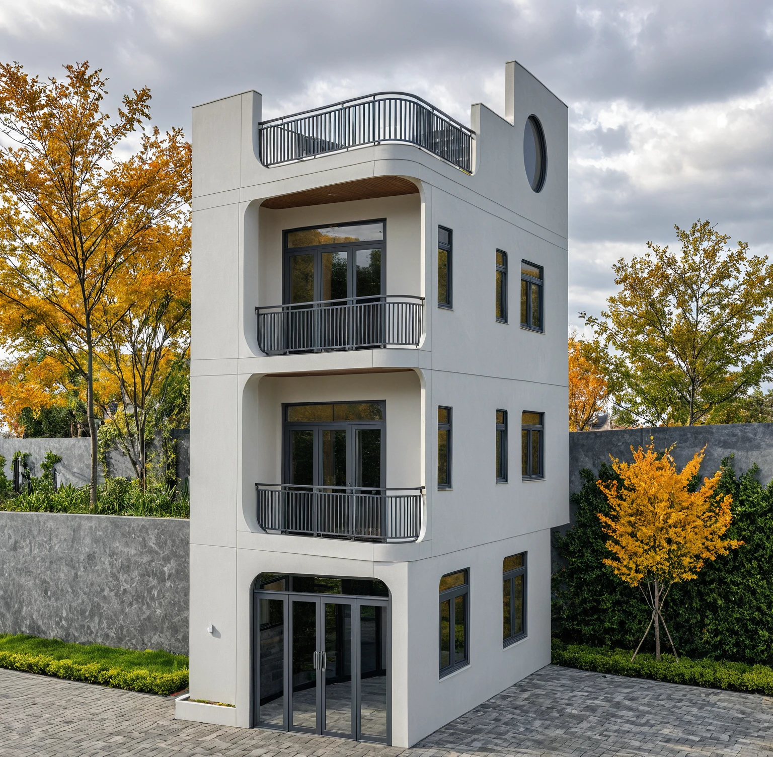 Raw photo, masterpiece, high quality, best quality, realistic, super detailed, outdoor, 2-story house, modern house style on the street, white wall, curved wall facade, aluminum glass door, sink orange-yellow trees, patterned iron railings, gray painted accent walls, gray iron gates, roads, sidewalks, grass, trees, sky, clouds, (daylight) :1.1)