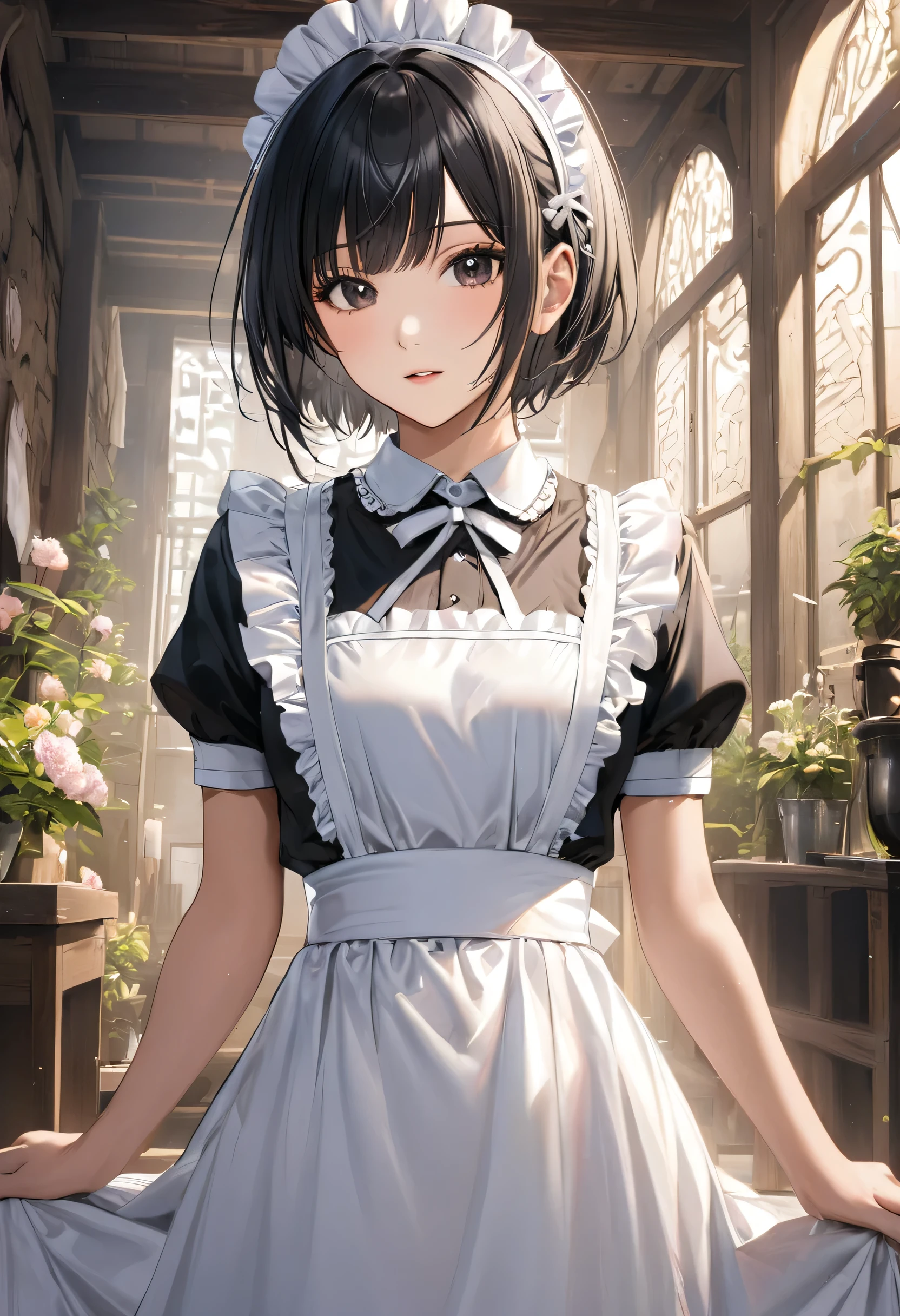 high quality, detailed, Realistic, ( japanese idol maid boy:1.3), (detailed black eyes), (black short hair),  (shiny skin), dungeon, (apron), (head dress), (tiny thongs), (bulge:1.2), candle,