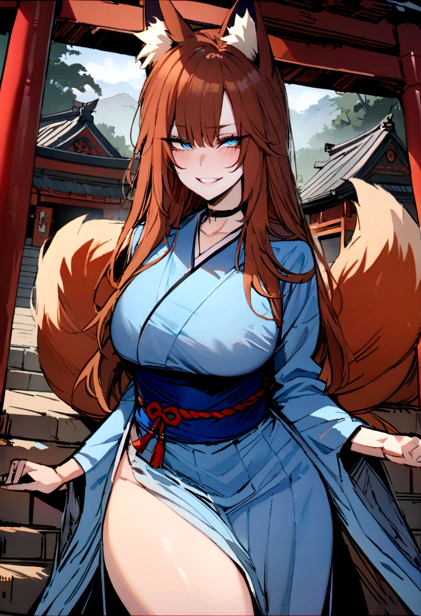 masterpiece, best quality, kitsune 1girl, solo, beautiful kitsune woman, fox ears, bangs, auburn hair, very long hair, blue eyes, grin, large breasts, black choker, blue kimono, long kimono, long kimono sleeves, blue sash, 5 auburn fox tails, auburn hair, looking at viewer, shrine background