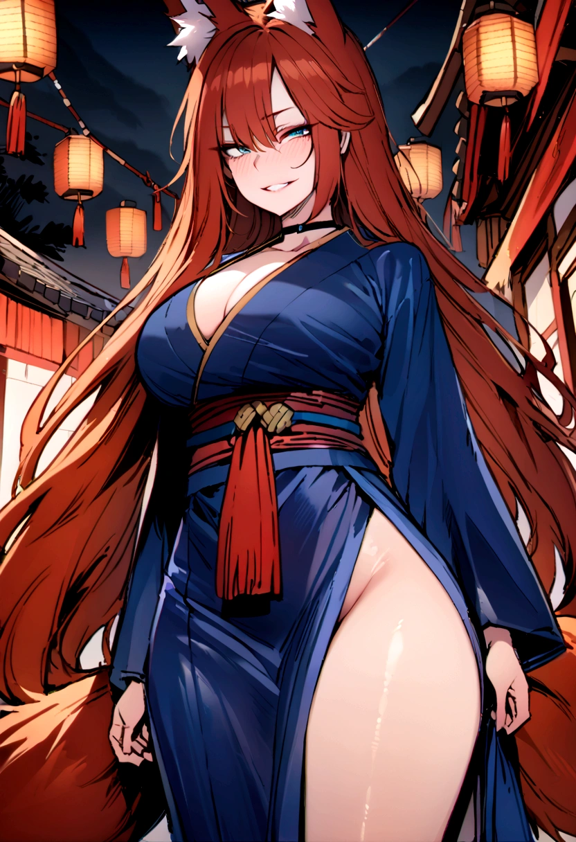 masterpiece, best quality, kitsune 1girl, solo, beautiful kitsune woman, fox ears, bangs, auburn hair, very long hair, blue eyes, grin, large breasts, black choker, blue kimono, long kimono, long kimono sleeves, blue sash, 5 auburn fox tails, auburn hair,  looking at viewer, shrine background