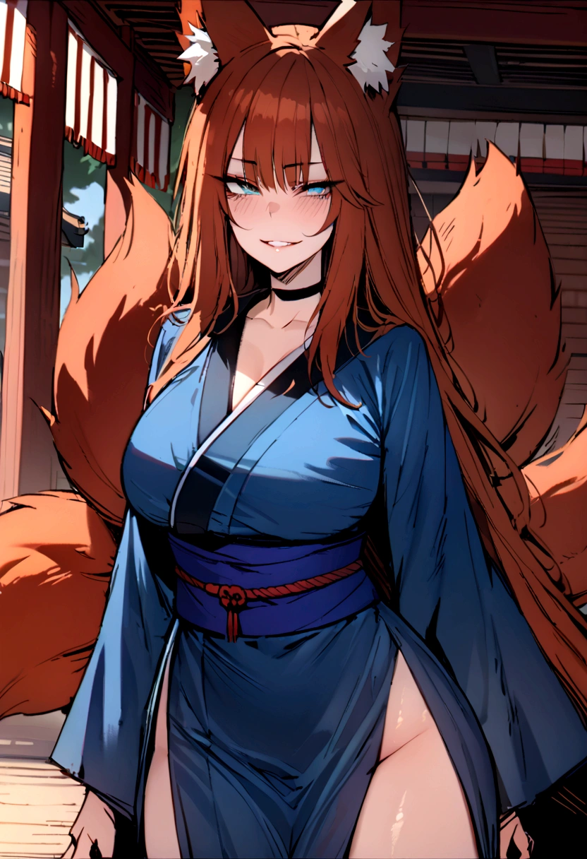 masterpiece, best quality, kitsune 1girl, solo, beautiful kitsune woman, fox ears, bangs, auburn hair, very long hair, blue eyes, grin, large breasts, black choker, blue kimono, long kimono, long kimono sleeves, blue sash, 5 auburn fox tails, auburn hair,  looking at viewer, shrine background