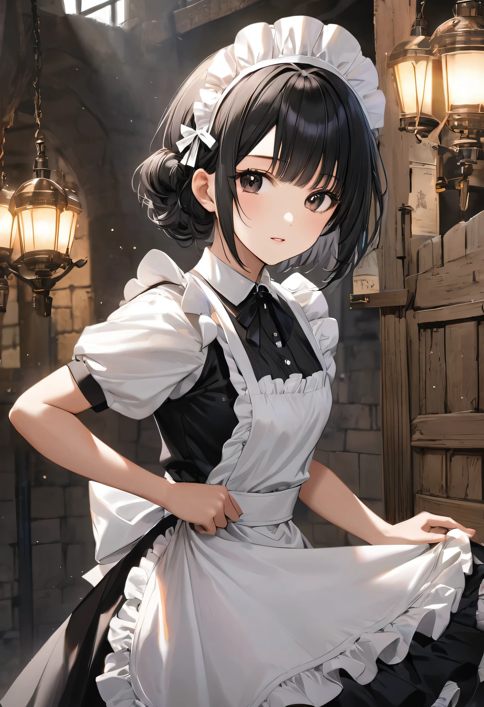 high quality, detailed, Realistic, ( japanese idol maid boy:1.3), (detailed black eyes), (black short hair), (shiny skin), dungeon, (apron), (head dress), (tiny thongs), (bulge:1.2), candle,