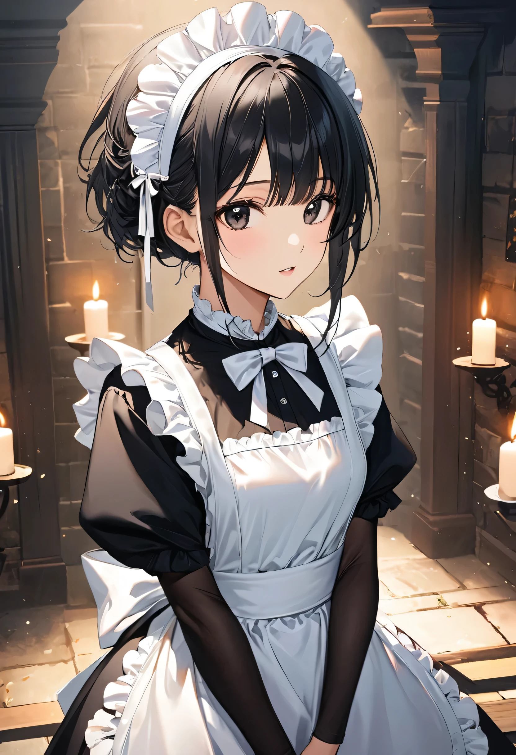 high quality, detailed, Realistic, (16 years old japanese idol maid boy:1.3), (detailed black eyes), (black short hair), (shiny skin), dungeon, (apron), (head dress), (tiny thongs), (bulge:1.2), candle,