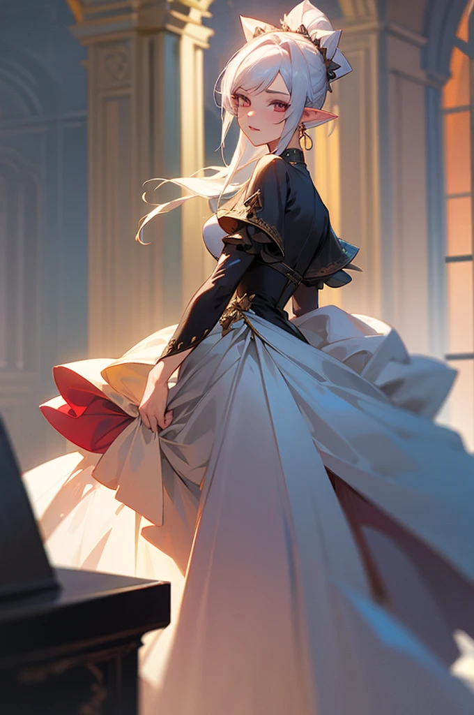 1girl, FluffyStyle, BREAK, YVRAINE, TOPKNOT, HAIRORNAMENT, white hair, pointy ears, eldari, sidecut, long dress train, BREAK, cute & girly, looking at viewer, BREAK, (rose garden, ð¹ð¹ð¹ð¹ð¹,), masterpiece, best quality, hyperrealistic, extremely detailed, highly quality, 4k, sharp focus, professional photograph, sharp focus, award winning, cinematic lighting, octane render, unreal engine, volumetrics dtx, Wallpaper,