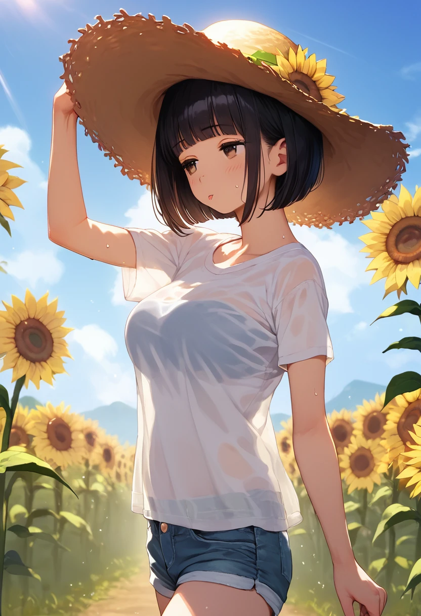 master piece,best quality,ultra-detailed,1girl,17yo,black hair,short hair,straight hair,diagonal bangs,(large breasts),realistic,happy,(nose blush:1.2),(open mouth),narrow eyes,(looking at viewer:1.2),white t-shirt,in the field of marigold,upper body,(from above)