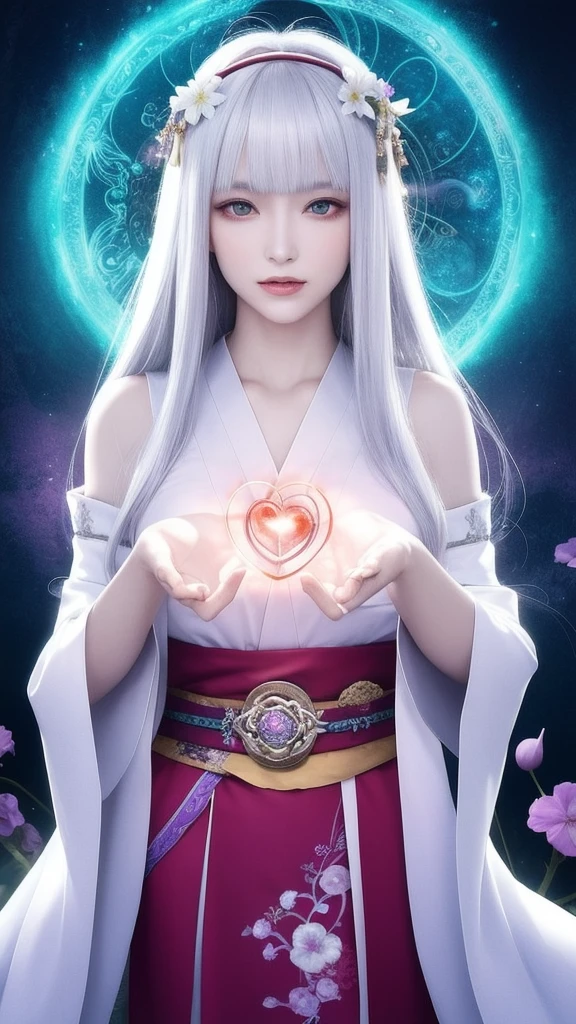 (masterpiece, top quality, 1 female, solo, exquisite details, chromatic aberration), (realistic), (skin), ((breathing)), (silver hair, blunt bangs, cropped straight long hair, short bangs, silver hair), beautiful hair, red headdress, highlights, hair on one eye, beautiful eyes, purple eyes, thick lips, earrings, piercing eyes, ((gold and white kimono)), ((symmetrical eyes)), ((perfectly symmetrical body)), ((perfectly symmetrical hands)), (purerosface_v1:0.3), full moon night, ((self, natural light))), bright lighting, flowers blooming in background, in front of viewer, ((central shot, from the front, (face and shoulders))), mysterious atmosphere, colorful flowers blooming around, bright colored background, shrine maiden in kimono, beautiful shrine maiden, Shrine maiden, fantasy female shrine maiden, female fortune telling shrine maiden, fantasy photography, Japanese style, elegant cinematic fantasy art, fantasy woman, sorceress portrait, powerful wizard surrounded by mystical colorful flowers, holding a glowing heart crystal ball, eyes glowing with mystical energy, spells leaking from her mouth, vibrant sorcery vortexes pulsating with rainbow hues appear in the air, magic permeates, flowers bloom, sacred creatures gaze in awe, threads of magical energy dance, reveal hidden realms, unravel secrets, capture the essence of this enchanting moment and bring to life the mystical power of sorcery on a canvas of the highest quality and finest detail. Top quality, masterpiece, ultra high resolution, (photorealistic: 1.4), RAW photo, sharp focus, high resolution, detailed skin.
Flowers blooming all around, bright colored background, fortune teller in kimono, beautiful fortune teller, fortune teller, fantasy female fortune teller, female fortune teller, fantasy photography, Japanese style, fortune teller in kimono, elegant cinematic fantasy art, fantasy woman, magician portrait, fortune teller, powerful wizard surrounded by mystical colorful flowers, holding a glowing heart c