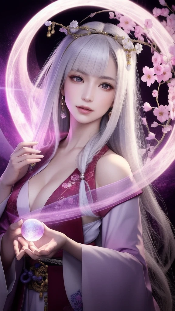 (masterpiece, top quality, 1 female, solo, exquisite details, chromatic aberration), (realistic), (skin), ((breathing)), (silver hair, blunt bangs, cropped straight long hair, short bangs, silver hair), beautiful hair, red headdress, highlights, hair on one eye, beautiful eyes, purple eyes, thick lips, earrings, piercing eyes, ((gold and white kimono)), ((symmetrical eyes)), ((perfectly symmetrical body)), ((perfectly symmetrical hands)), (purerosface_v1:0.3), full moon night, ((self, natural light))), bright lighting, flowers blooming in background, in front of viewer, ((central shot, from the front, (face and shoulders))), mysterious atmosphere, colorful flowers blooming around, bright colored background, shrine maiden in kimono, beautiful shrine maiden, Shrine maiden, fantasy female shrine maiden, female fortune telling shrine maiden, fantasy photography, Japanese style, elegant cinematic fantasy art, fantasy woman, sorceress portrait, powerful wizard surrounded by mystical colorful flowers, holding a glowing heart crystal ball, eyes glowing with mystical energy, spells leaking from her mouth, vibrant sorcery vortexes pulsating with rainbow hues appear in the air, magic permeates, flowers bloom, sacred creatures gaze in awe, threads of magical energy dance, reveal hidden realms, unravel secrets, capture the essence of this enchanting moment and bring to life the mystical power of sorcery on a canvas of the highest quality and finest detail. Top quality, masterpiece, ultra high resolution, (photorealistic: 1.4), RAW photo, sharp focus, high resolution, detailed skin.
Flowers blooming all around, bright colored background, fortune teller in kimono, beautiful fortune teller, fortune teller, fantasy female fortune teller, female fortune teller, fantasy photography, Japanese style, fortune teller in kimono, elegant cinematic fantasy art, fantasy woman, magician portrait, fortune teller, powerful wizard surrounded by mystical colorful flowers, holding a glowing heart c
