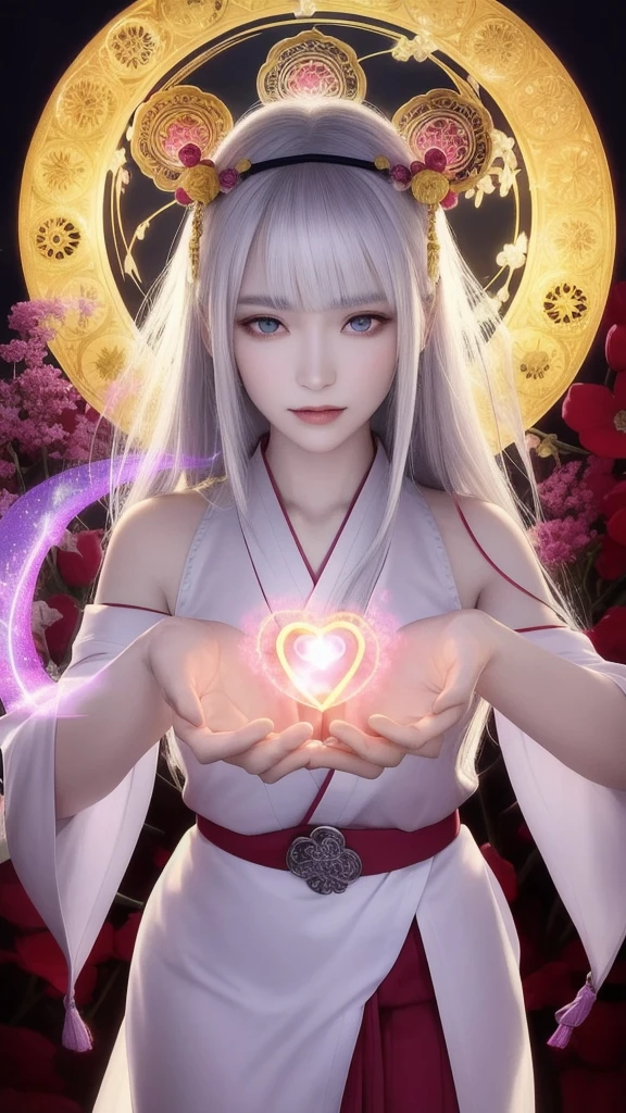 (masterpiece, top quality, 1 female, solo, exquisite details, chromatic aberration), (realistic), (skin), ((breathing)), (silver hair, blunt bangs, cropped straight long hair, short bangs, silver hair), beautiful hair, red headdress, highlights, hair on one eye, beautiful eyes, purple eyes, thick lips, earrings, piercing eyes, ((gold and white kimono)), ((symmetrical eyes)), ((perfectly symmetrical body)), ((perfectly symmetrical hands)), (purerosface_v1:0.3), full moon night, ((self, natural light))), bright lighting, flowers blooming in background, in front of viewer, ((central shot, from the front, (face and shoulders))), mysterious atmosphere, colorful flowers blooming around, bright colored background, shrine maiden in kimono, beautiful shrine maiden, Shrine maiden, fantasy female shrine maiden, female fortune telling shrine maiden, fantasy photography, Japanese style, elegant cinematic fantasy art, fantasy woman, sorceress portrait, powerful wizard surrounded by mystical colorful flowers, holding a glowing heart crystal ball, eyes glowing with mystical energy, spells leaking from her mouth, vibrant sorcery vortexes pulsating with rainbow hues appear in the air, magic permeates, flowers bloom, sacred creatures gaze in awe, threads of magical energy dance, reveal hidden realms, unravel secrets, capture the essence of this enchanting moment and bring to life the mystical power of sorcery on a canvas of the highest quality and finest detail. Top quality, masterpiece, ultra high resolution, (photorealistic: 1.4), RAW photo, sharp focus, high resolution, detailed skin.
Flowers blooming all around, bright colored background, fortune teller in kimono, beautiful fortune teller, fortune teller, fantasy female fortune teller, female fortune teller, fantasy photography, Japanese style, fortune teller in kimono, elegant cinematic fantasy art, fantasy woman, magician portrait, fortune teller, powerful wizard surrounded by mystical colorful flowers, holding a glowing heart c