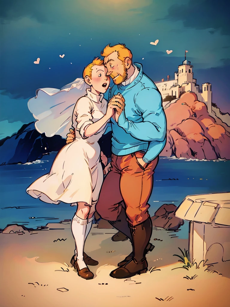 The wedding of Tintin and Captain Haddock from Hergé's comics in delicate pastel colors.