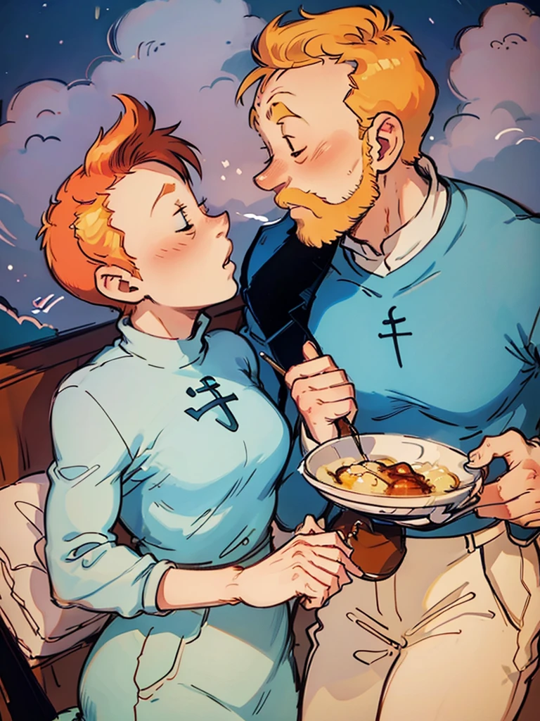 The wedding of Tintin and Captain Haddock from Hergé's comics in delicate pastel colors.