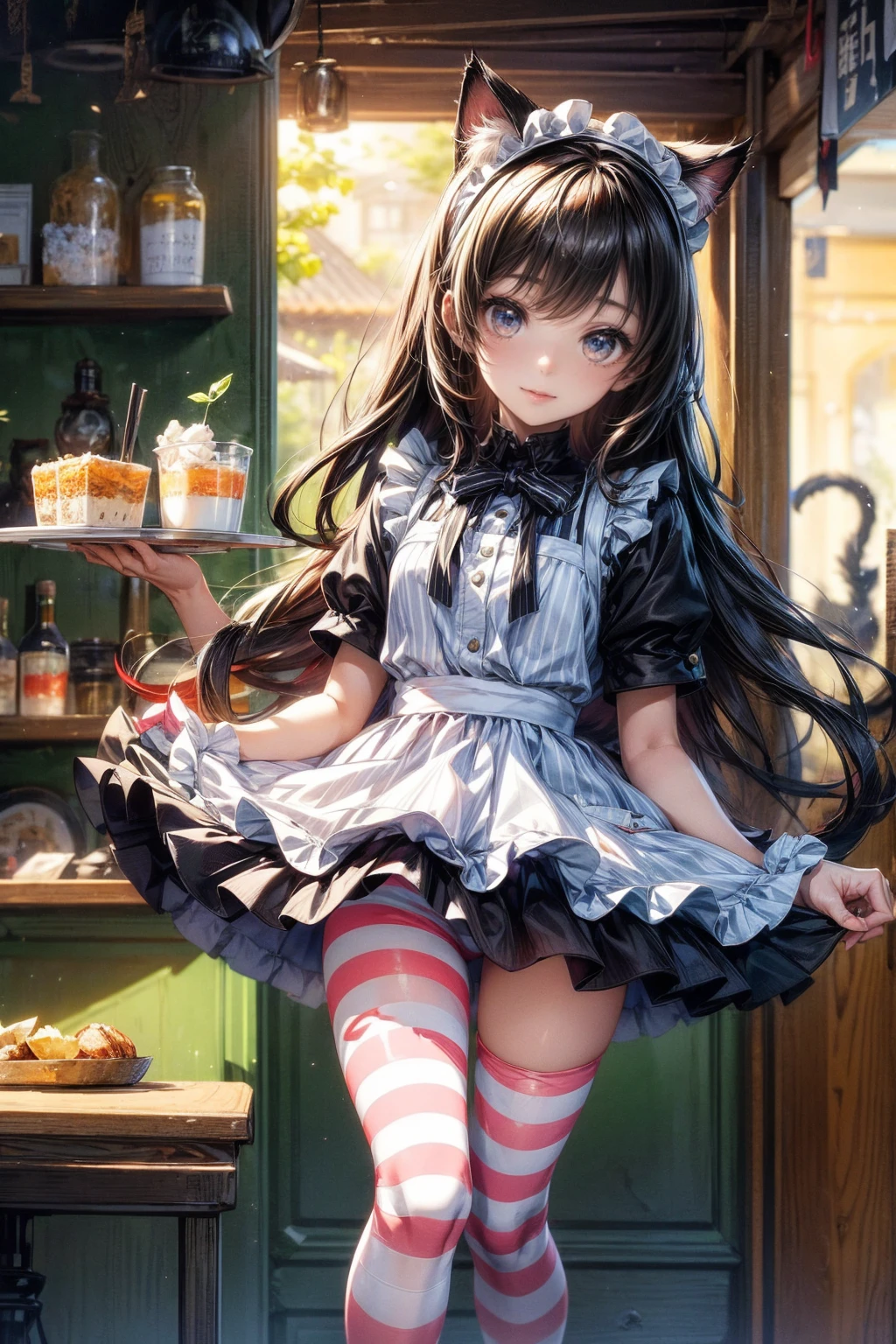 One Girl、(20-year-old woman)、Cat ears headband、Cat tail、Detailed maid、Holding a tray with two parfaits on it in one hand、With the other hand, lift your skirt to show your underwear、Short skirt、I can see your pants、White knee-high socks、(Striped pants:1.3)、Highest quality、8K、Beautiful Face、Mischievous smile、Wink to the viewer、View Viewer、A bright cafe with a black cat