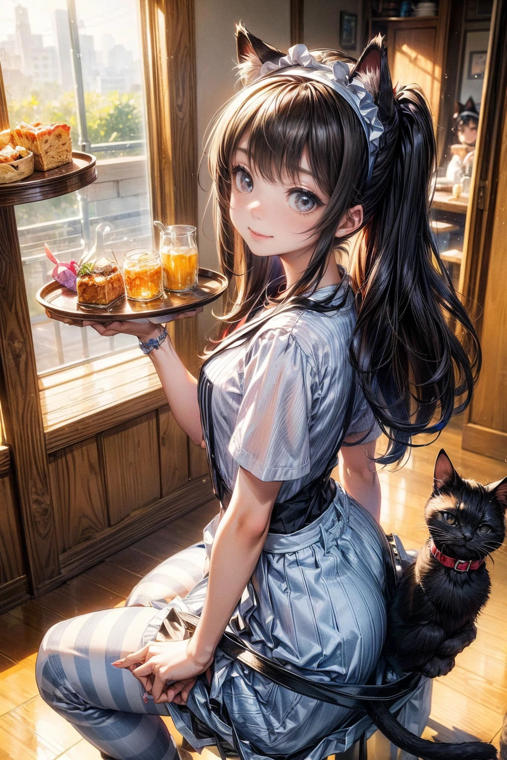One Girl、(20-year-old woman)、Cat ears headband、Cat tail、Detailed maid、Holding a tray with two parfaits on it in one hand、With the other hand, lift your skirt to show your underwear、Short skirt、I can see your pants、White knee-high socks、(Striped pants:1.3)、Highest quality、8K、Beautiful Face、Mischievous smile、Wink to the viewer、View Viewer、A bright cafe with a black cat