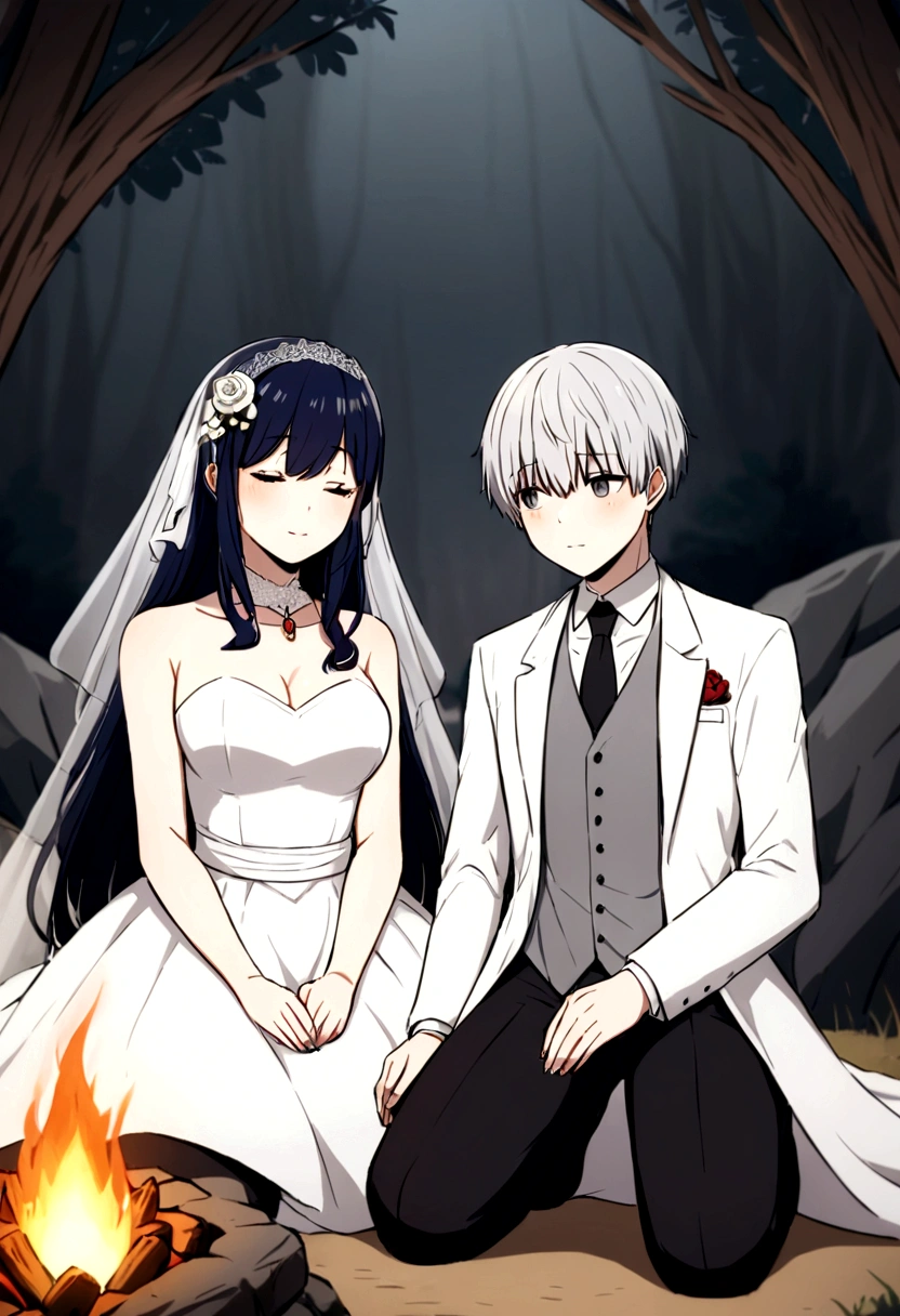 kaneki and touka getting married, cavern, camp fire, poor lighting