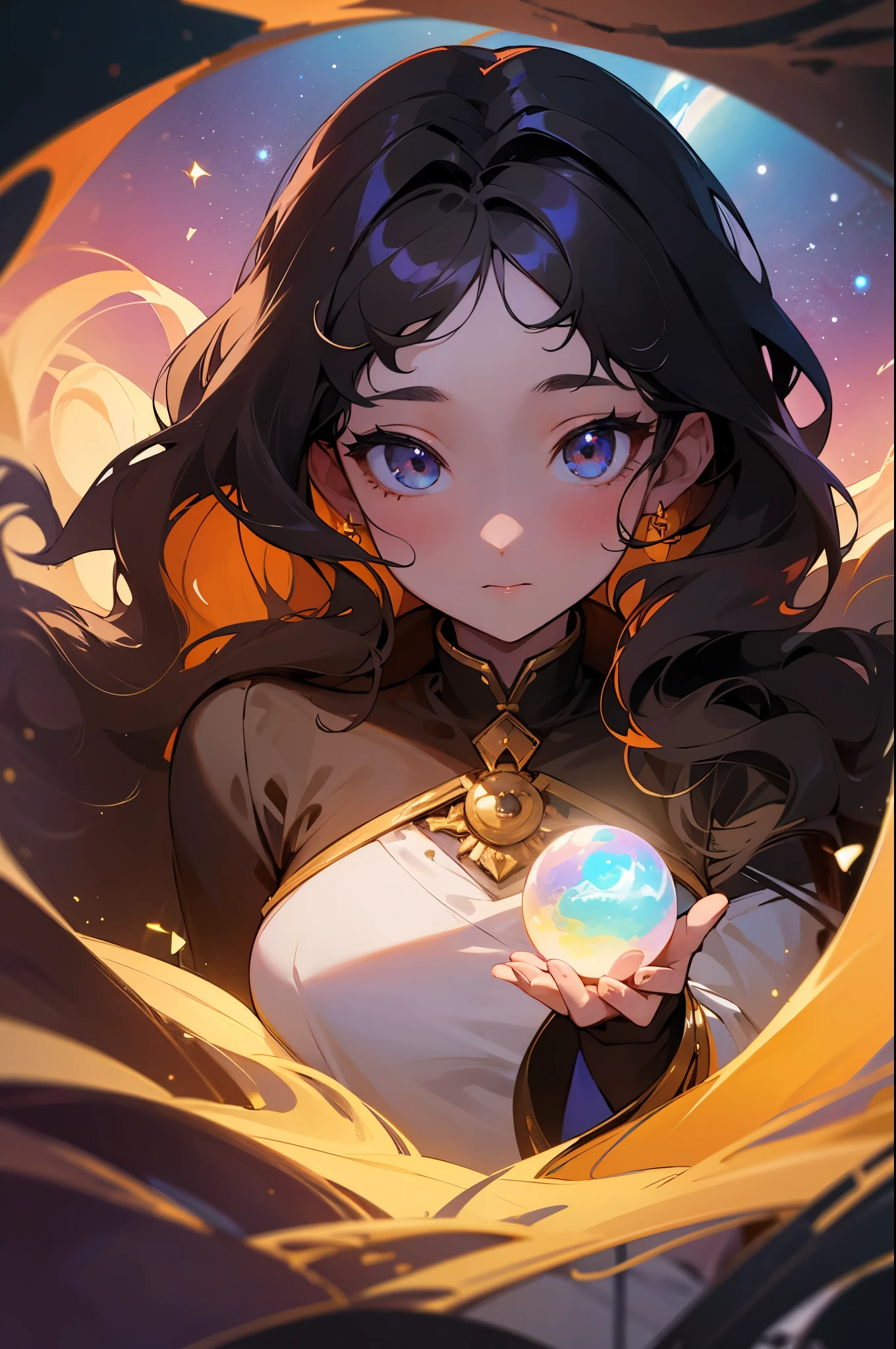 (best quality, masterpiece), 1girl, omnipotent goddess, universe, milky way, particles, black hole, transcendent being, looking at viewer, wavy hair, orb,